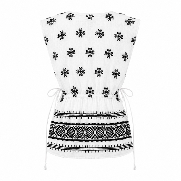 HUMANITY HANOI -  Linen V-Neck White Top with Black Pattern