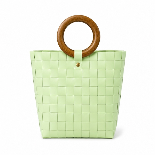 Woven Market Basket Bag With Round Wooden Handle in Avocado (M)