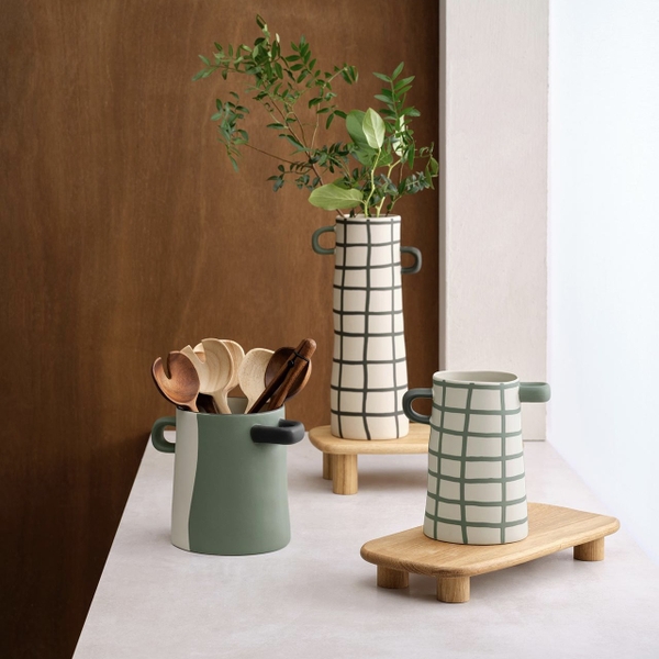BAT TRANG - Ceramic Tall Vase In Checked Black With Green & Black Handle