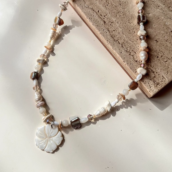 MERMAID - 'Blosse' Natural Gemstone & Pearl Necklace With Flower Pendant