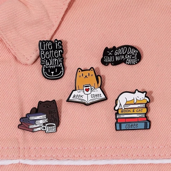 ENAMEL PIN - Book & Cat, Coffee