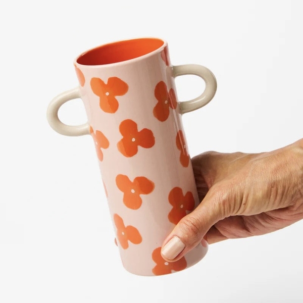 BÁT TRÀNG CERAMIC - Orange Flower Vase With White Handle
