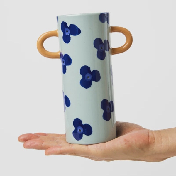 BÁT TRÀNG CERAMIC - Blue Flower Vase With Yellow Handle