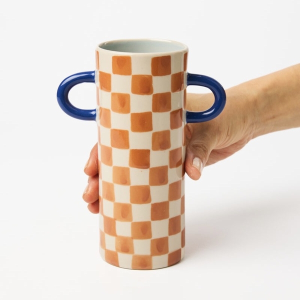 BÁT TRÀNG CERAMIC - Orange Checked Vase With Blue Handle