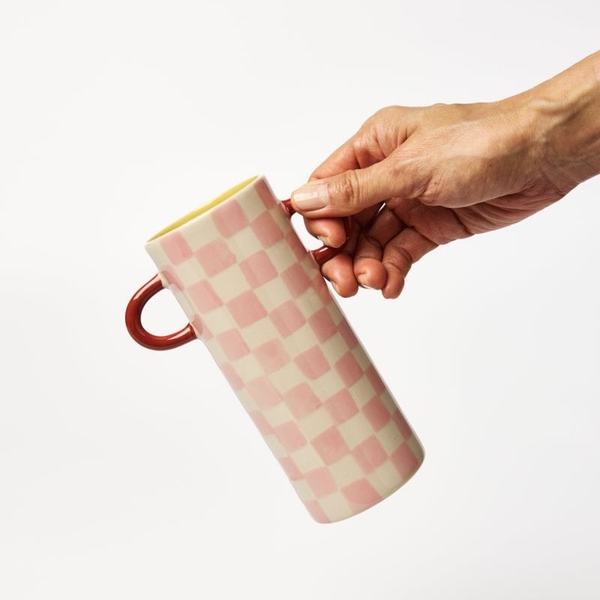 BÁT TRÀNG CERAMIC - Pink Checked Vase With Red Handle