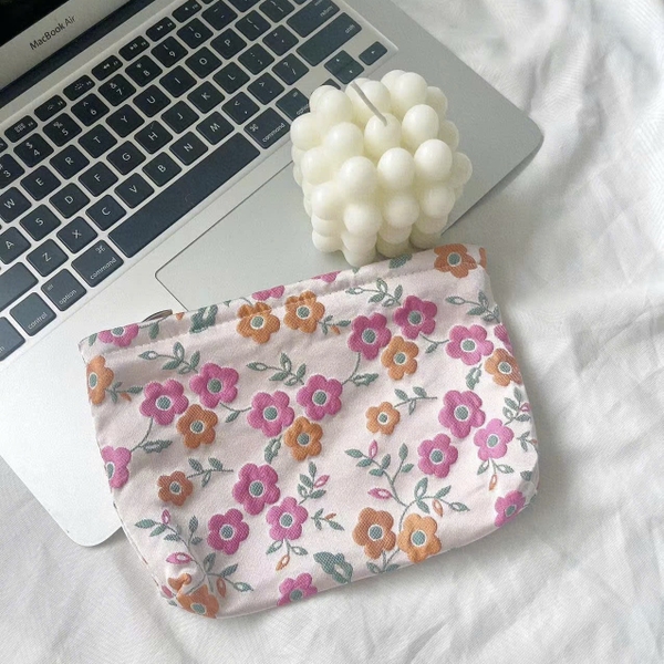 Make Up Purse - Tiny Pink & Orange Flower