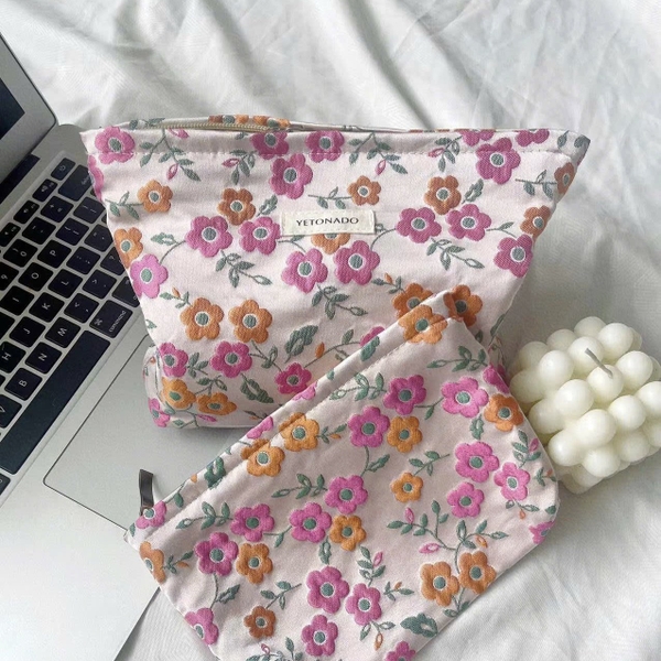 Make Up Purse - Tiny Pink & Orange Flower