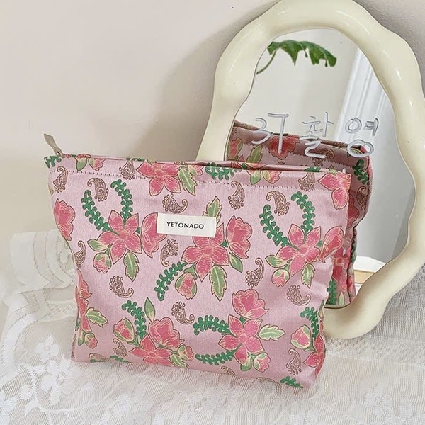 Make Up Purse - Pink Flower & Fern Leaf