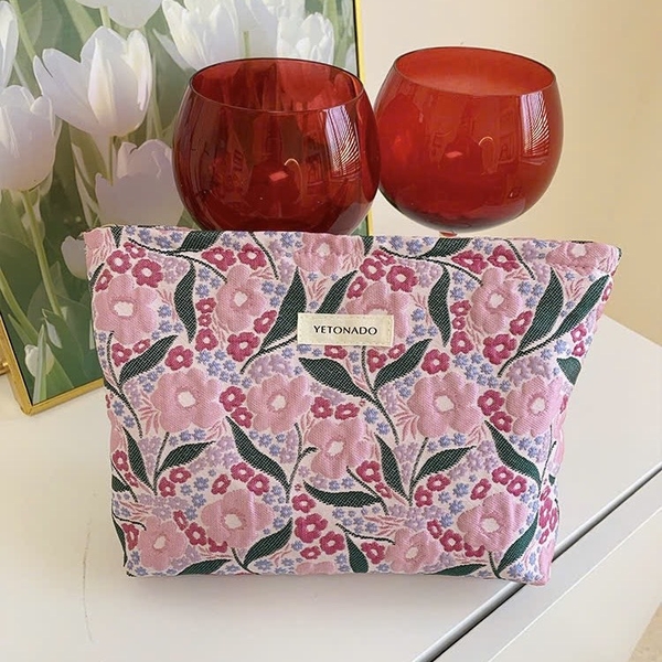 Make Up Purse - Pink Flower With Green Leaf