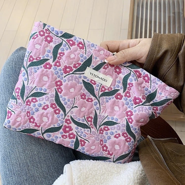 Make Up Purse - Pink Flower With Green Leaf