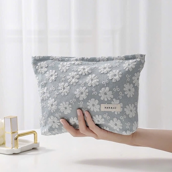 Make Up Purse - White Flower In Light Green