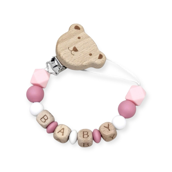 Baby ‘Bear’ Silicon Pacifier Holder in Pink