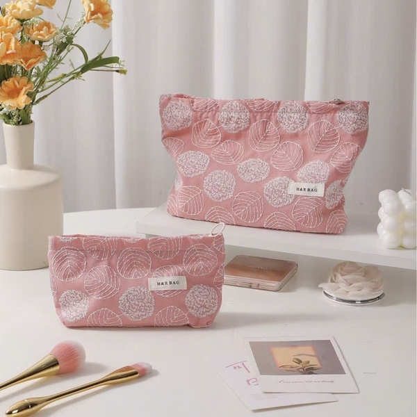 Make Up Purse - White Leaf In Pink