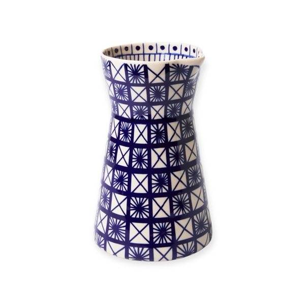 BAT TRANG - Hourglass Ceramic Vase With Geometric Navy & White Pattern
