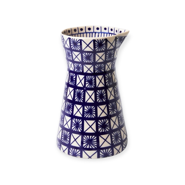 BAT TRANG - Hourglass Ceramic Vase With Geometric Navy & White Pattern