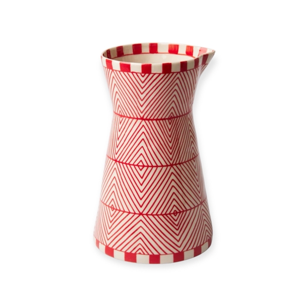 BAT TRANG -  Hourglass Ceramic Vase With Geometric Red & White Pattern