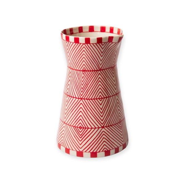 BAT TRANG -  Hourglass Ceramic Vase With Geometric Red & White Pattern