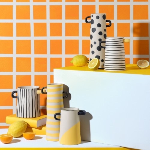BAT TRANG - Ceramic White & Yellow Short Vase With Black Handle