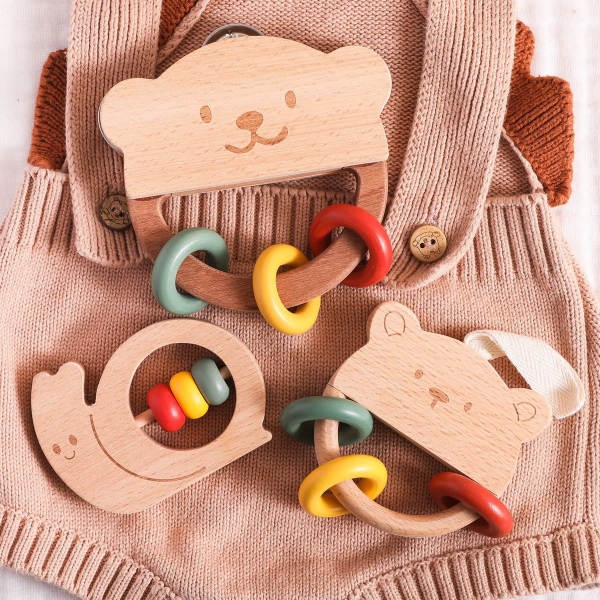 Wooden Rattle - Bear With Colorful Rings