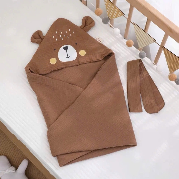 Bear Hooded Muslin Bath Towel in Brown