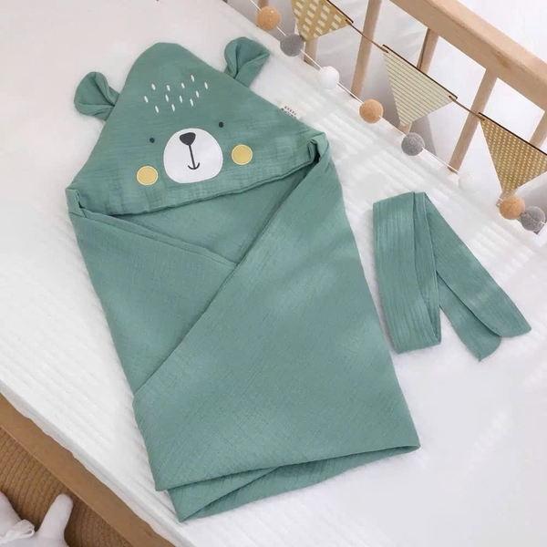 Bear Hooded Muslin Bath Towel in Sage