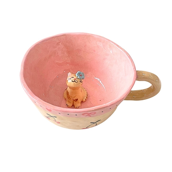 LINDO CRAFTS - Cherry Pink Short Mug With Cat Inside
