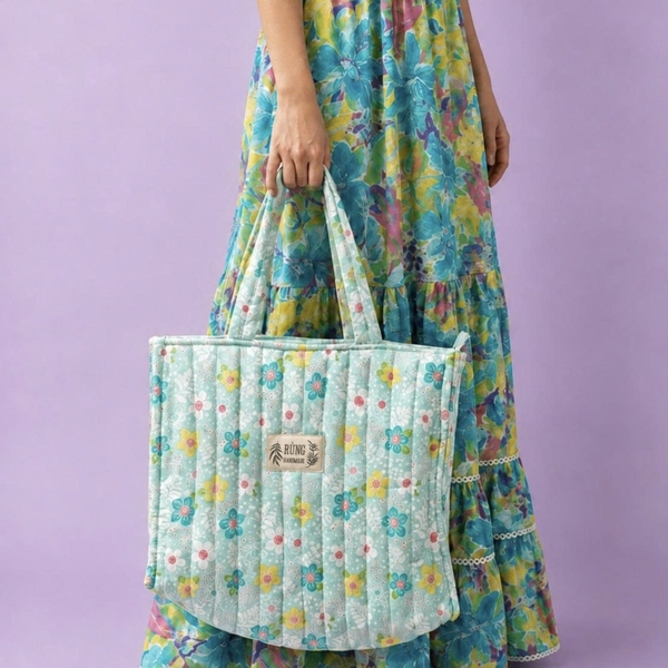 RỪNG HANDMADE - ‘Colorful Flower in Blue' Quilted Tote Bag