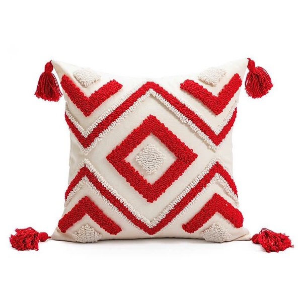 Sofa Pillow - Rhombus Pattern in Red With Tassels