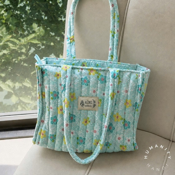 RỪNG HANDMADE - ‘Colorful Flower in Blue' Quilted Tote Bag