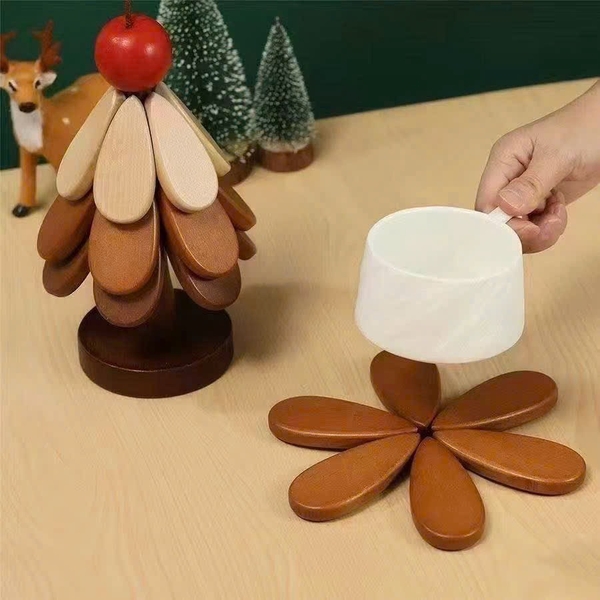 Wooden Christmas Coaster With Red Apple Topper (Set Of 4)