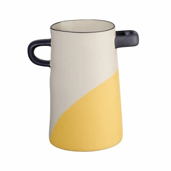 BAT TRANG - Ceramic White & Yellow Short Vase With Black Handle