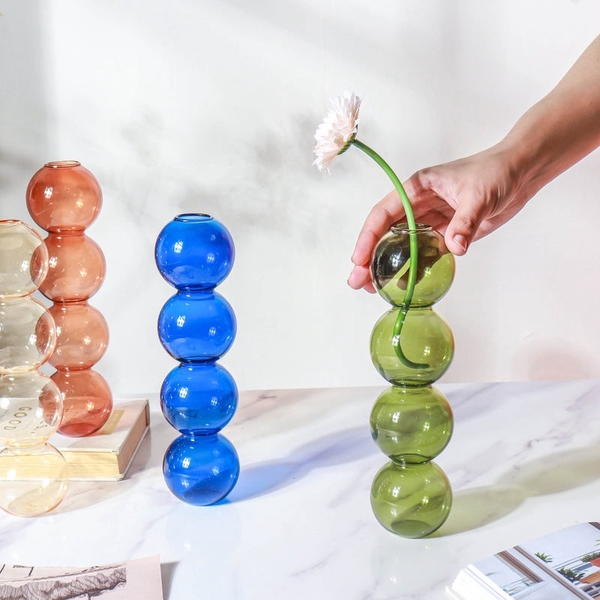 Tall Bubble Glass Vase in Green