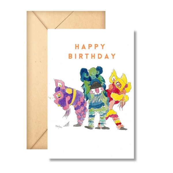 LAURIE DRAWS - 'Three Lion Dancers' Happy Birthday Card