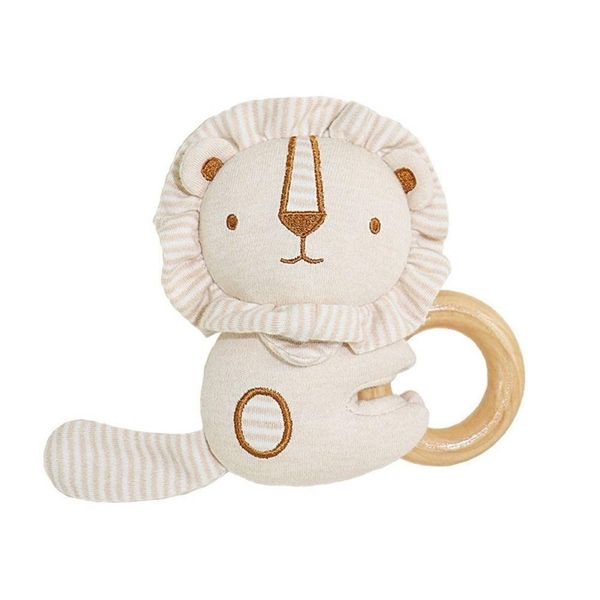 Cotton Baby Rattle With Wooden Handle - Lion