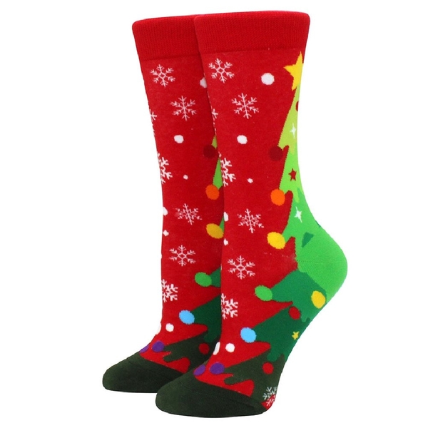 Christmas Socks in Red with Pine Trees Behind