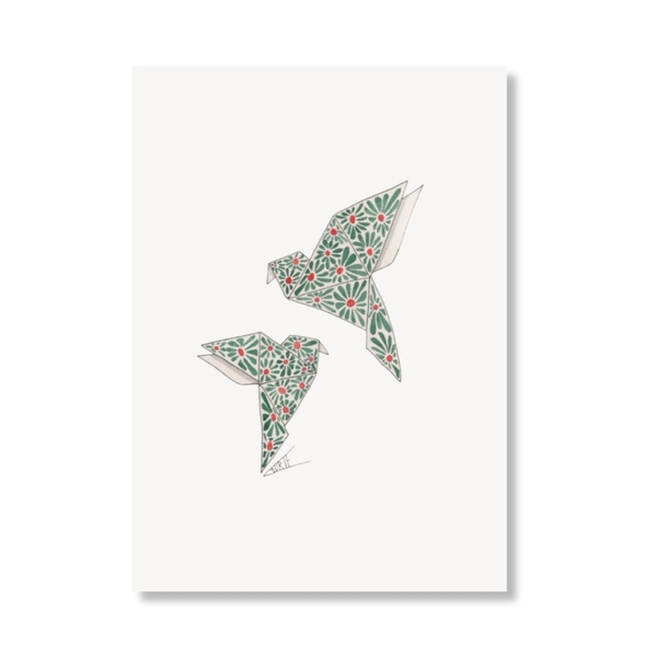 LAURIE DRAWS - 'Origami Birds in Green' Postcard