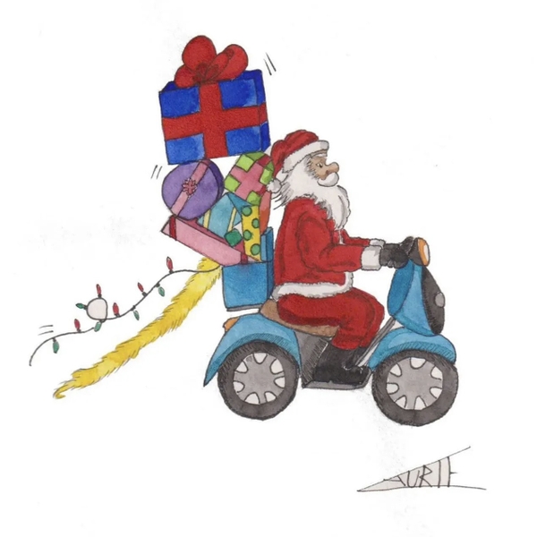 LAURIE DRAWS - ‘Santa’s Driving Vespa' Christmas Card