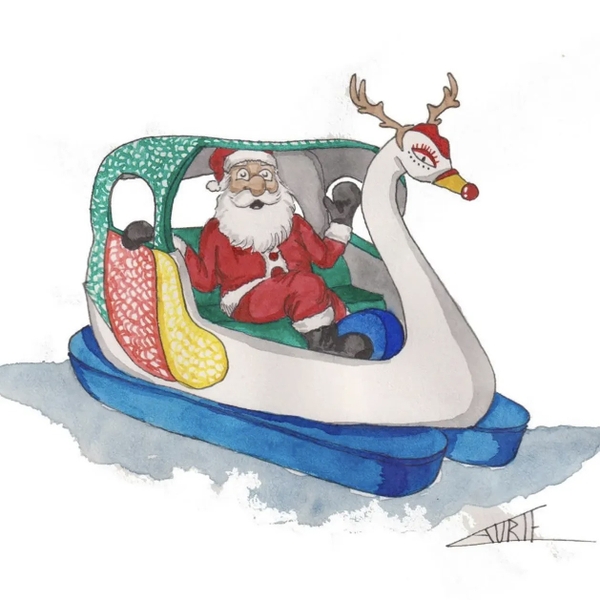 LAURIE DRAWS - ‘Santa On Swan Boat' Christmas Card