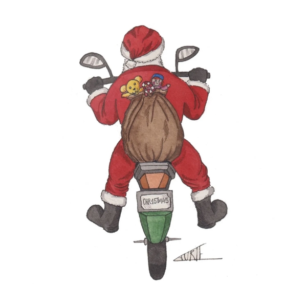 LAURIE DRAWS - ‘Santa On Motorbike' Christmas Card