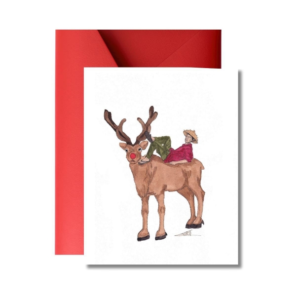 LAURIE DRAWS - ‘Boy On A Reindeer' Christmas Card