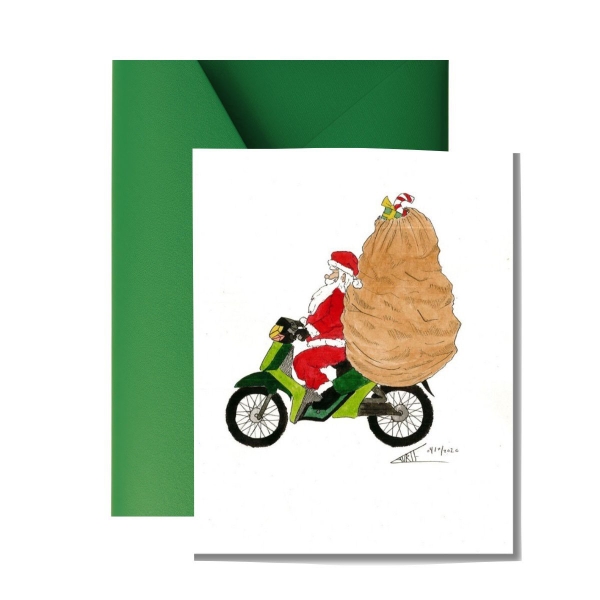 LAURIE DRAWS - ‘Christmas Gifts On Santa's Motorbike' Christmas Card