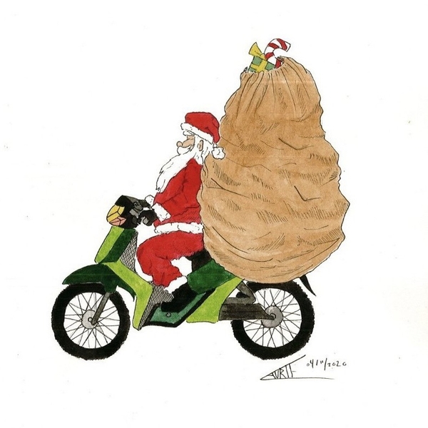 LAURIE DRAWS - ‘Christmas Gifts On Santa's Motorbike' Christmas Card