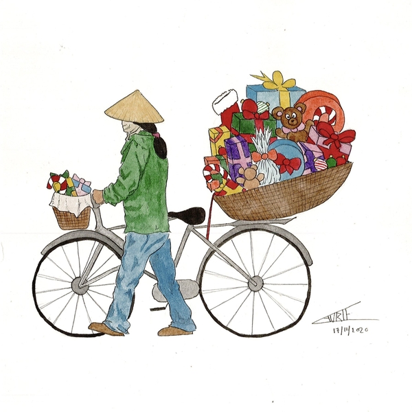 Christmas gift on Woman's Bicycle' Christmas Card by LAURIE DRAWS