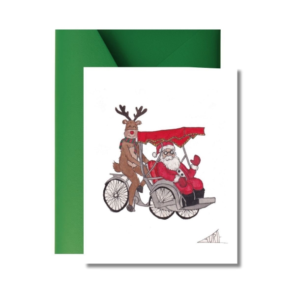 Santa On A Cyclo' Christmas Card by LAURIE DRAWS