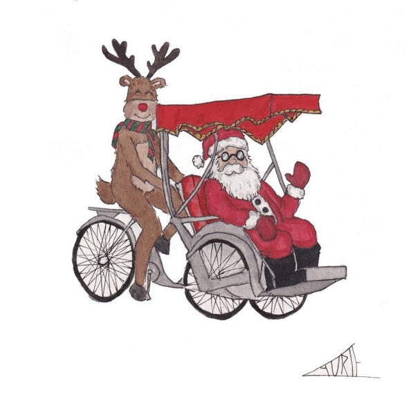 Santa On A Cyclo' Christmas Card by LAURIE DRAWS