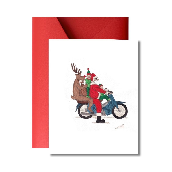 LAURIE DRAWS - ‘Christmas Family On A Motorbike' Christmas Card