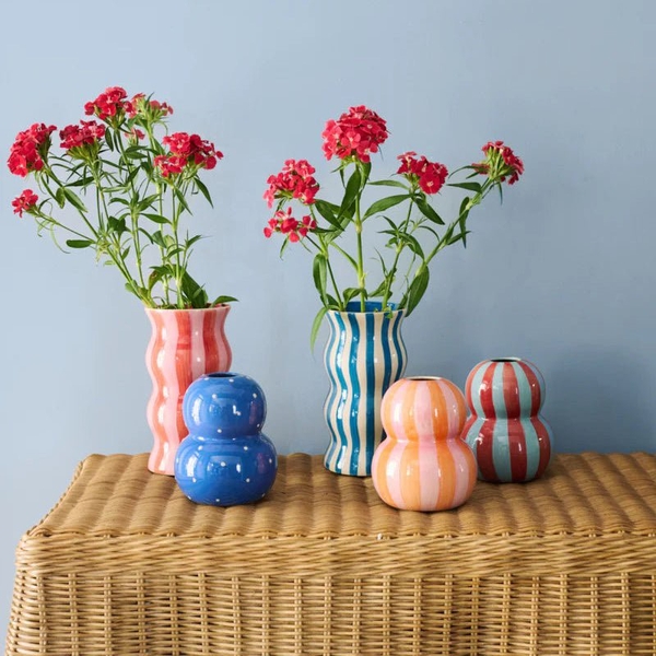 BAT TRANG - Ceramic Wavy Vase In Striped Blue