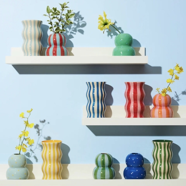 BAT TRANG - Ceramic Wavy Vase In Striped Blue