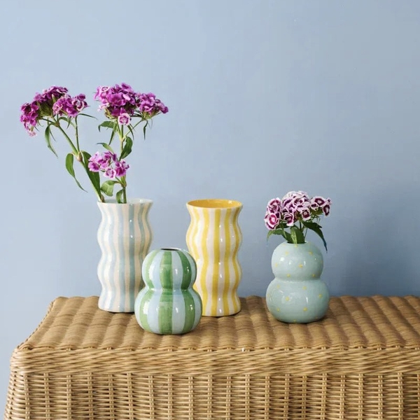 BAT TRANG - Ceramic Wavy Vase In Striped Yellow