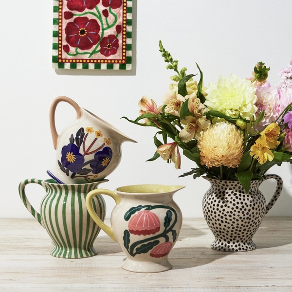 BAT TRANG -  Ceramic Pitcher in Pink Bloom With Yellow Handle